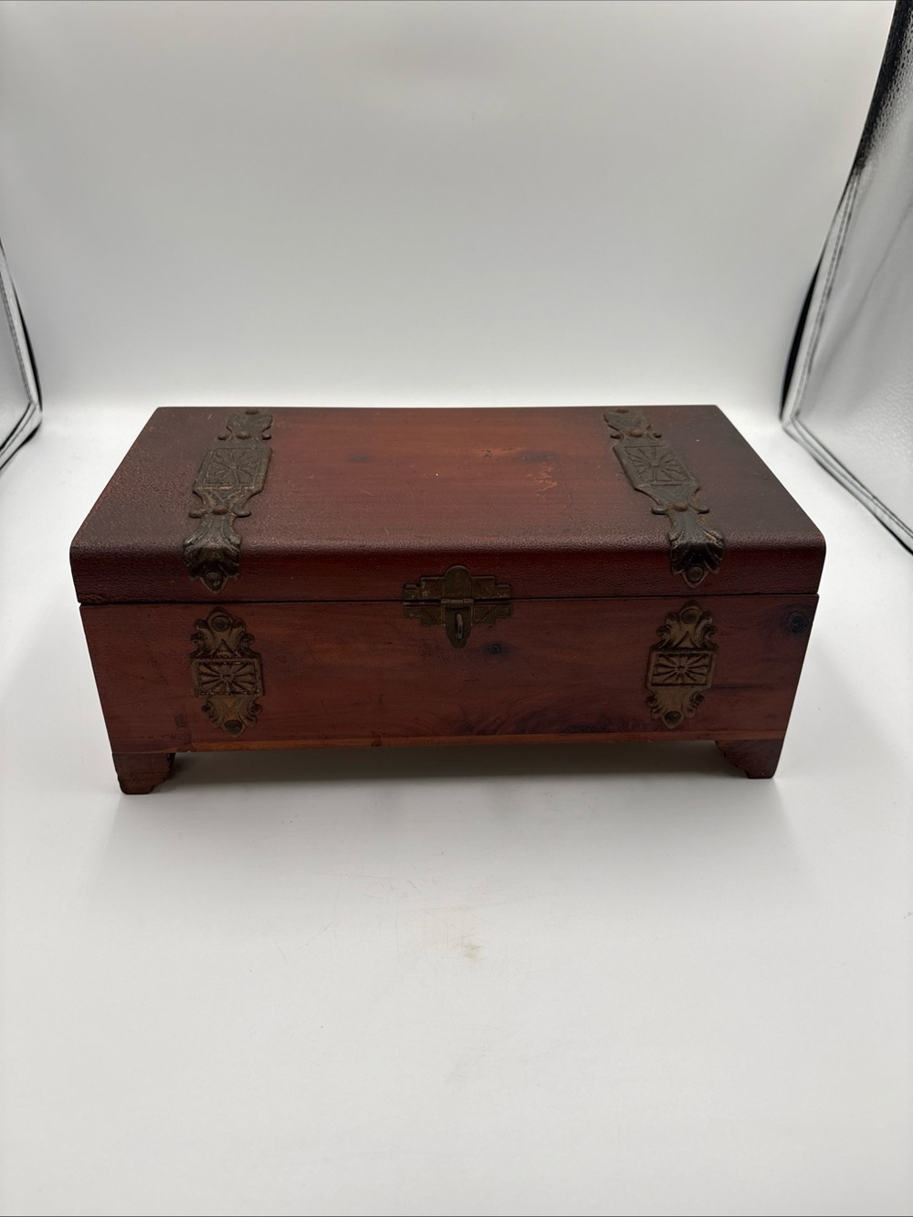 Antique Cedar Jewelry Trinket Chest Box W/ Dove Tail Brass Straps Treasure Chest